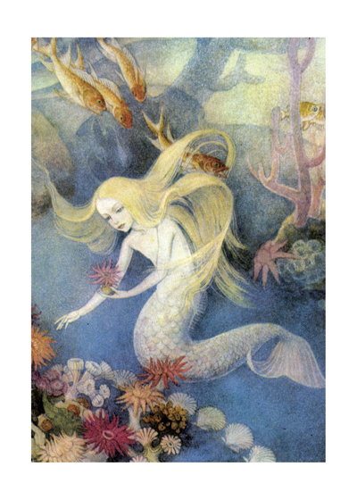 Mermaid Water nymph Seamaid Woman at night & boy Russian postcard Art Modern 