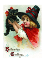 Girl With Black Cat (Halloween Greeting Cards)