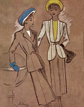 Two Earth-toned Suits for Spring, circa 1940 (WW II Fashion Greeting Cards)