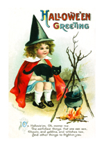 Girl Witch at a Campfire (Halloween Greeting Cards)