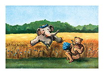 Bear and Elephant in a Wheat Field (Animal Friends Art Prints)