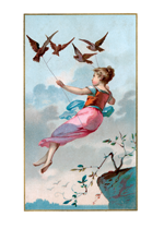 Girl flying held aloft by birds (Encouragement Greeting Cards)